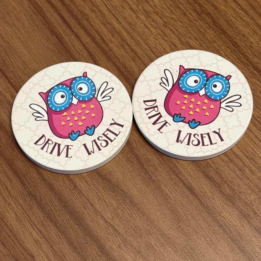 New Open Box Set of 2 Owl Car Coasters “Drive Wisely”